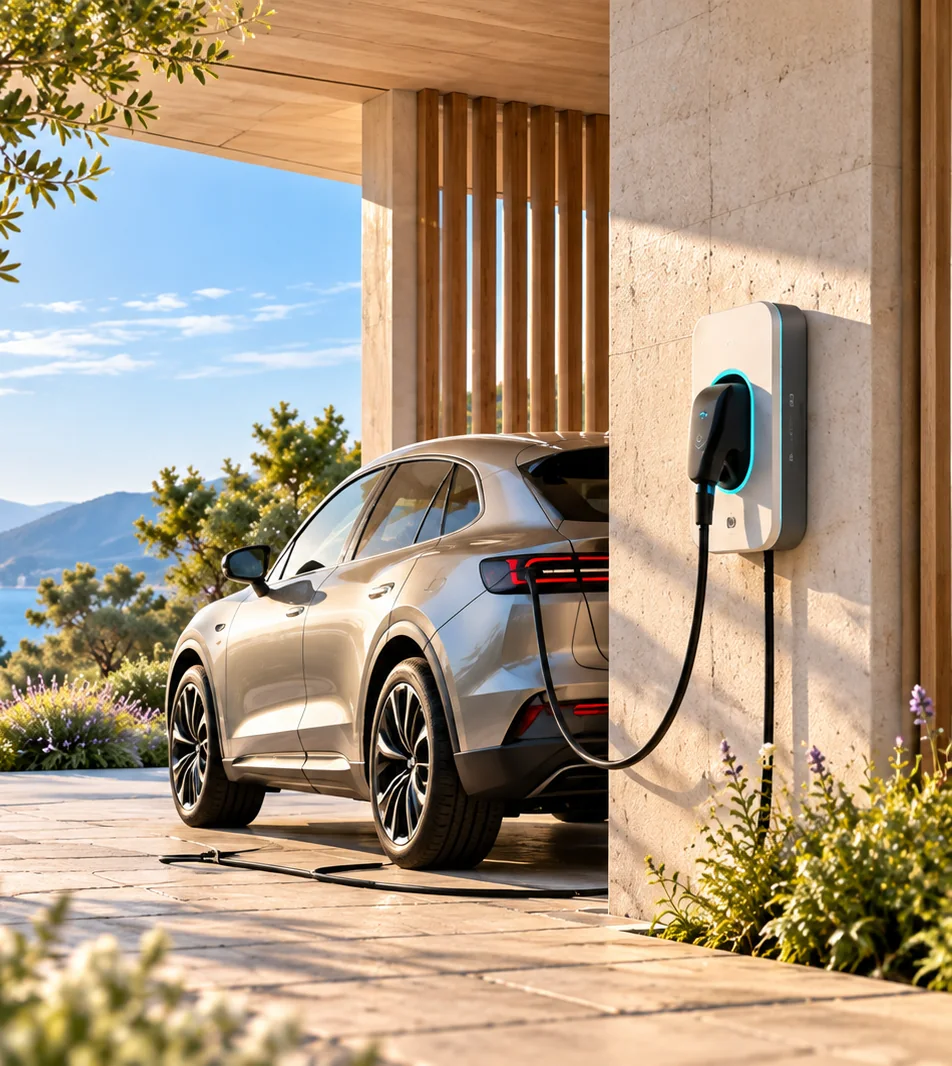 Elektroauto lädt an einer Wallbox am Haus, im Hintergrund das Meer