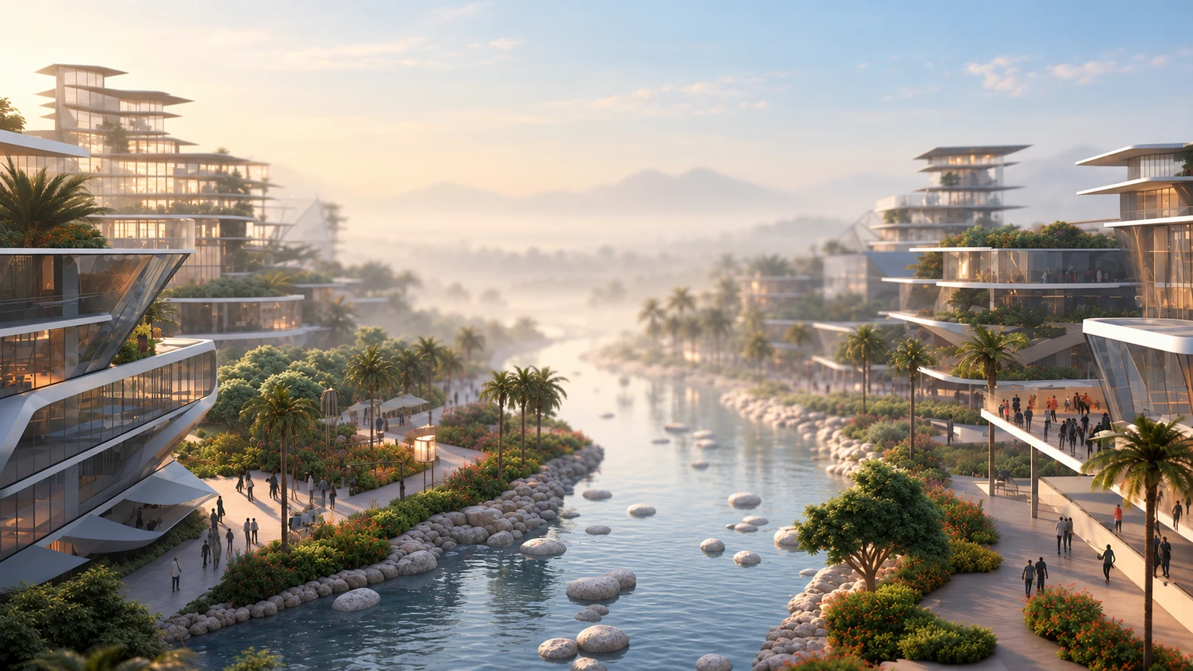 Stadt von morgen am Fluss mit begrünten Terrassenhäusern im Morgenlicht