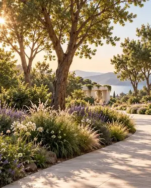 Weg durch einen blühenden Garten im Abendlicht mit Blick aufs Meer