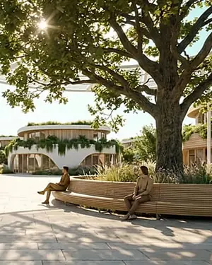 Begrünter Platz mit großem Baum und Holzbank vor nachhaltigen Häusern