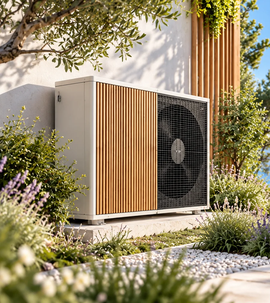 Wärmepumpe an einer weißen Hauswand mit Holzlamellen, dahinter das Meer