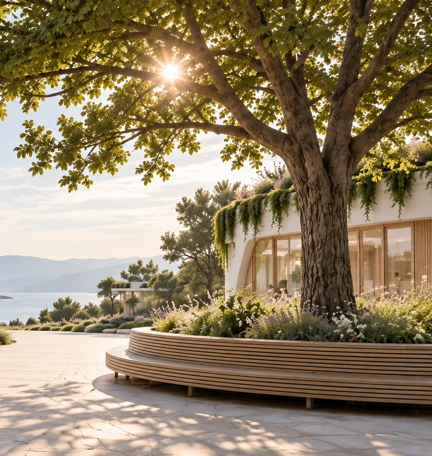 Großer Baum im Gegenlicht auf einem hellen Platz mit Blick aufs Meer