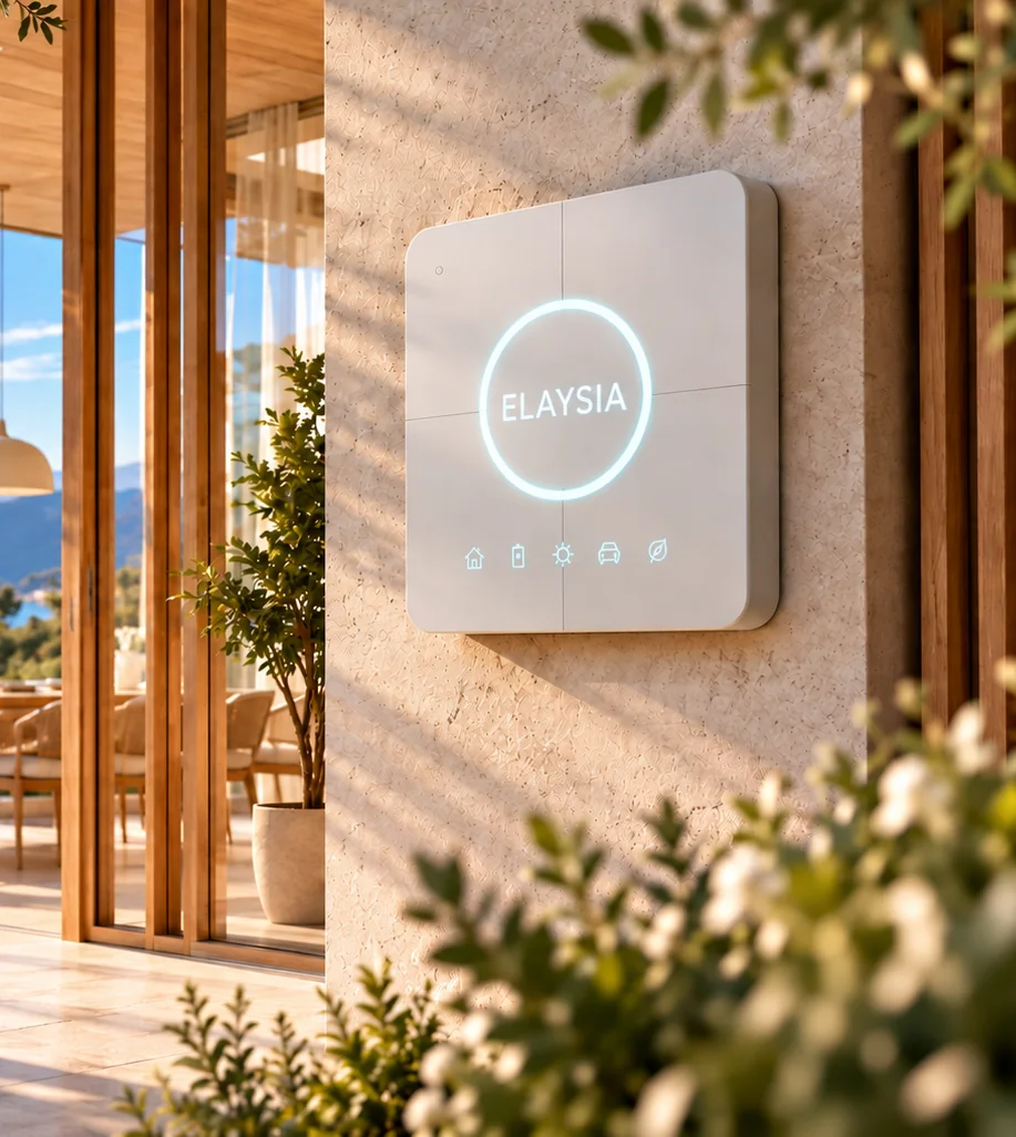 Smart-Energy-Wandpanel zur Energiesteuerung neben einer offenen Terrasse