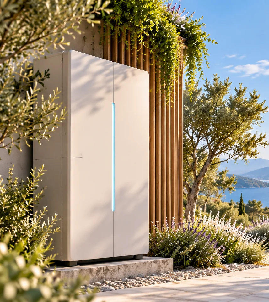 Weißer Energiespeicher für Solarstrom an einer Holzlamellenwand im Garten